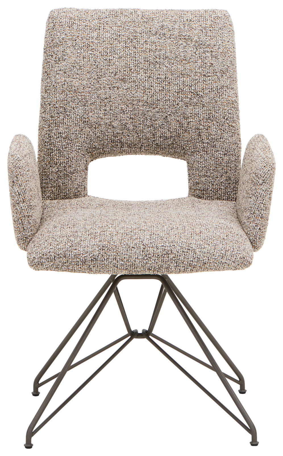 Frontansicht eines modernen Armlehnstuhls mit gepolstertem Stoffbezug und Metallgestell.