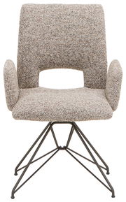 Frontansicht eines modernen Armlehnstuhls mit gepolstertem Stoffbezug und Metallgestell.