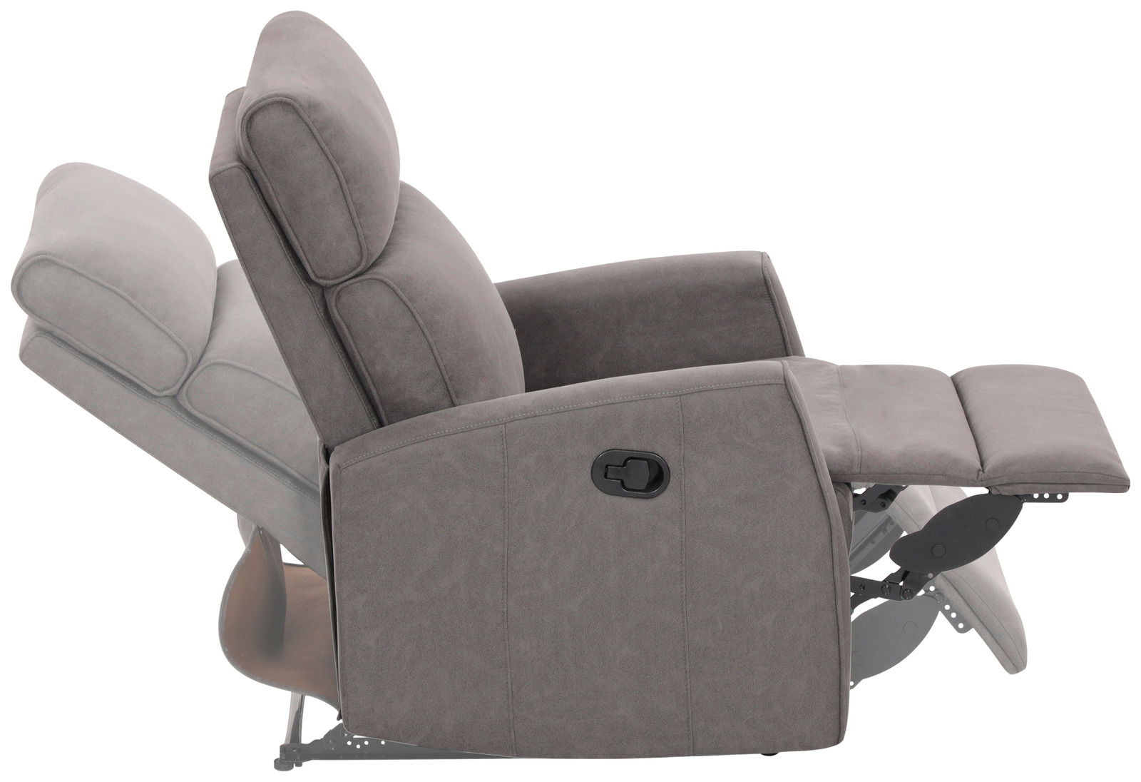 Grauer Sessel in seitlicher Perspektive mit ausgeklapptem Fußteil und verstellbarer Rückenlehne.