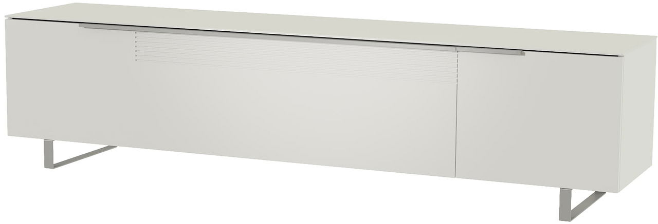 Weißes XL TV-Lowboard mit modernen Metallbeinen, seitliche Perspektive