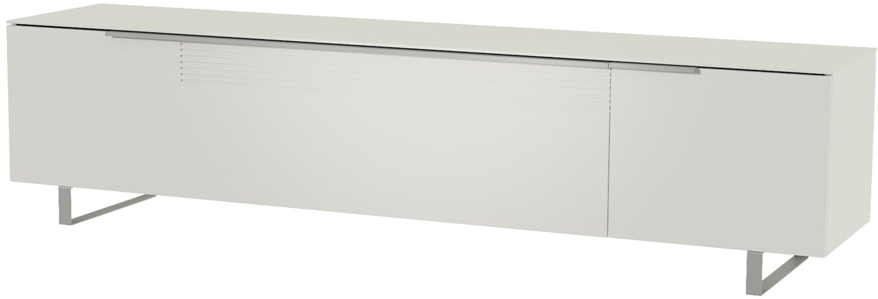 Weißes XL TV-Lowboard mit modernen Metallbeinen, seitliche Perspektive