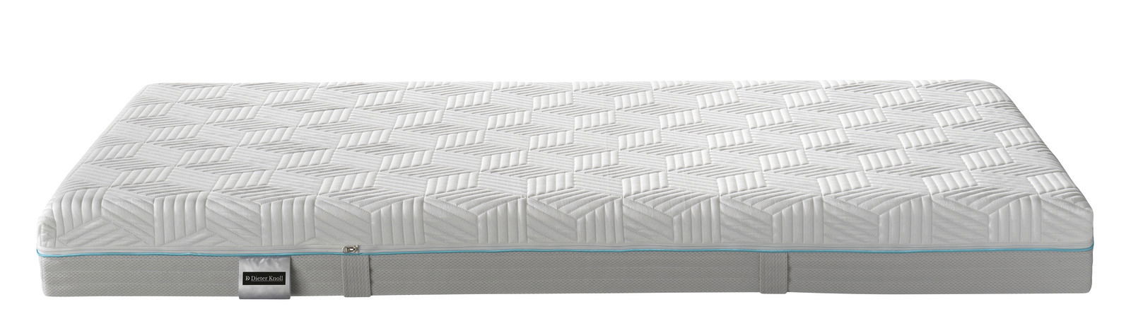 Seitliche Ansicht einer Gel-Kaltschaummatratze mit geometrischem Muster und blauer Ziernaht.