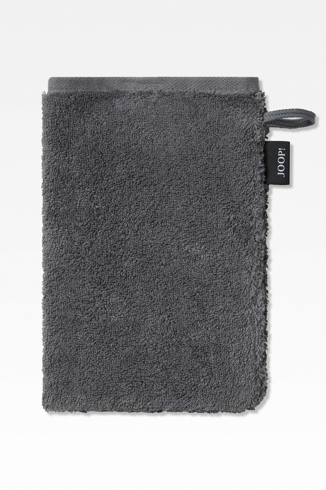 Dunkelgrauer Waschhandschuh mit JOOP! Etikett, frontal abgebildet.