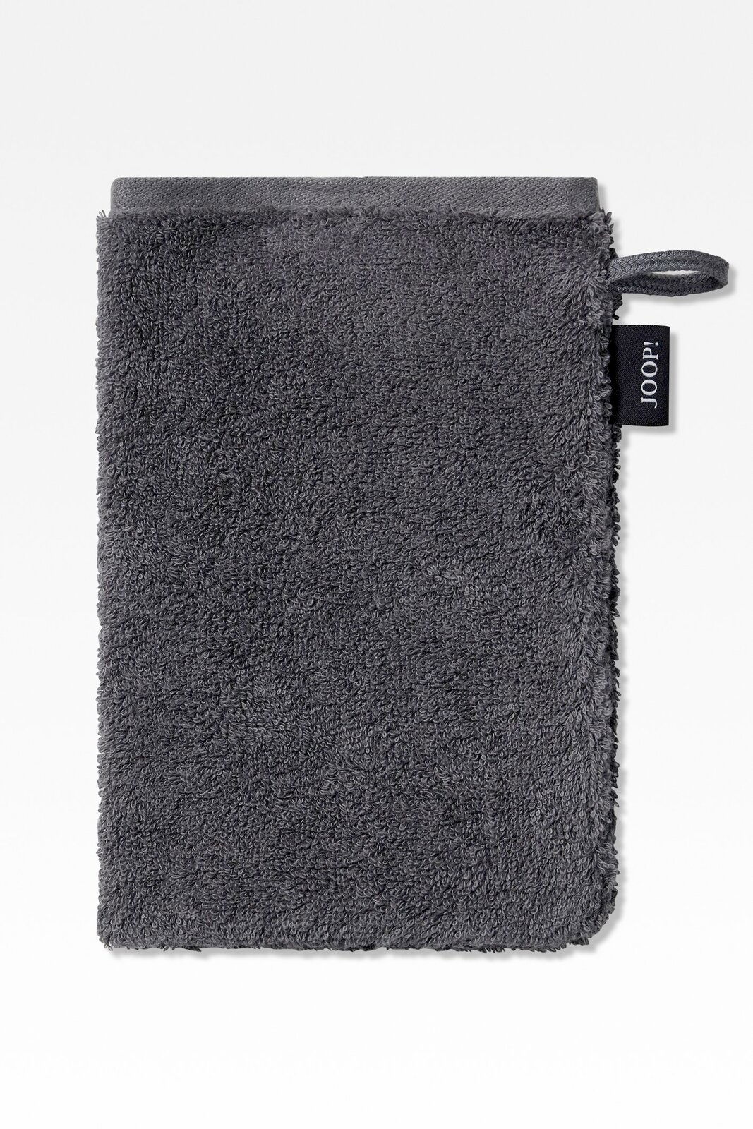 Dunkelgrauer Waschhandschuh mit JOOP! Etikett, frontal abgebildet.