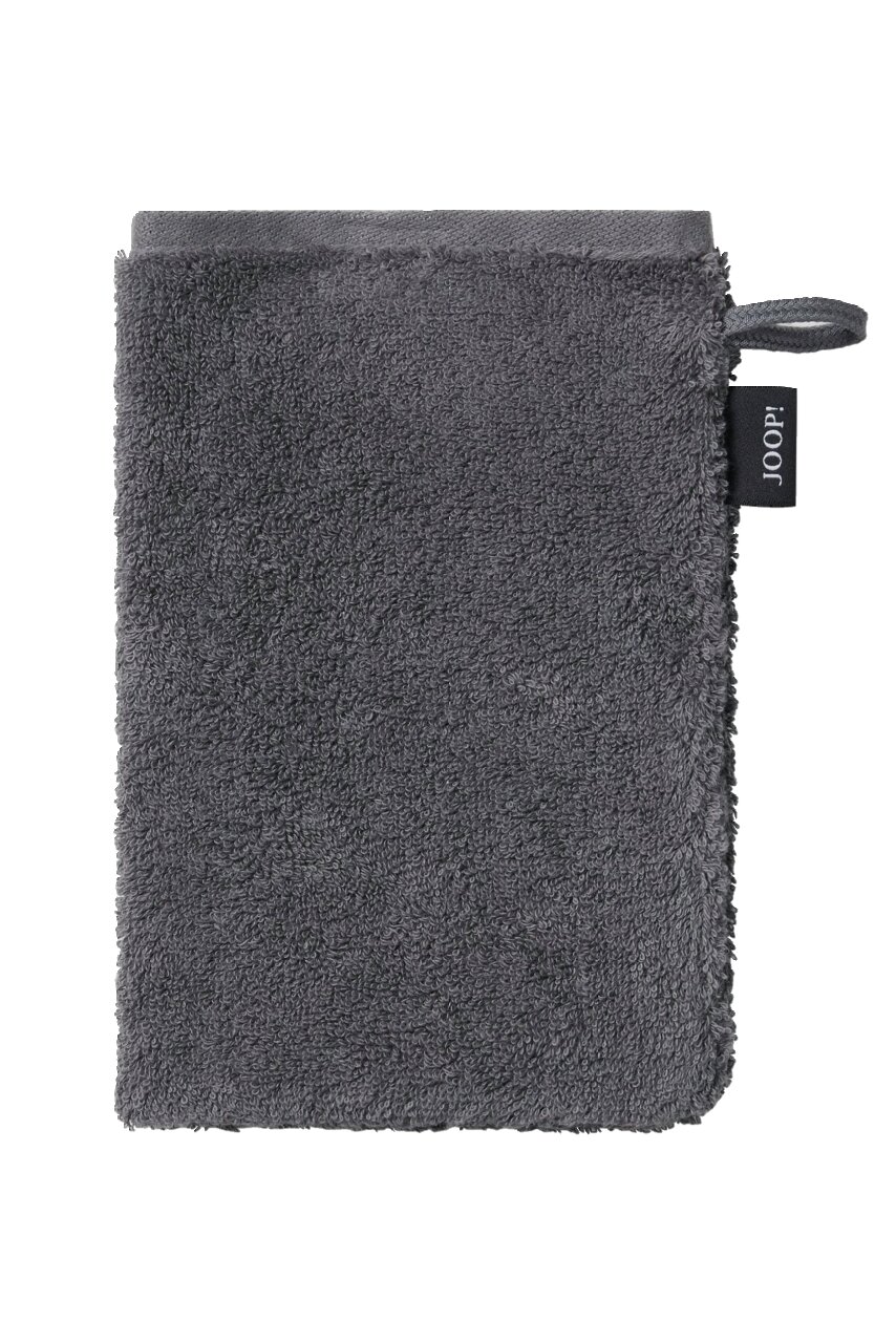 Dunkelgrauer Waschhandschuh mit JOOP! Etikett, frontal abgebildet.