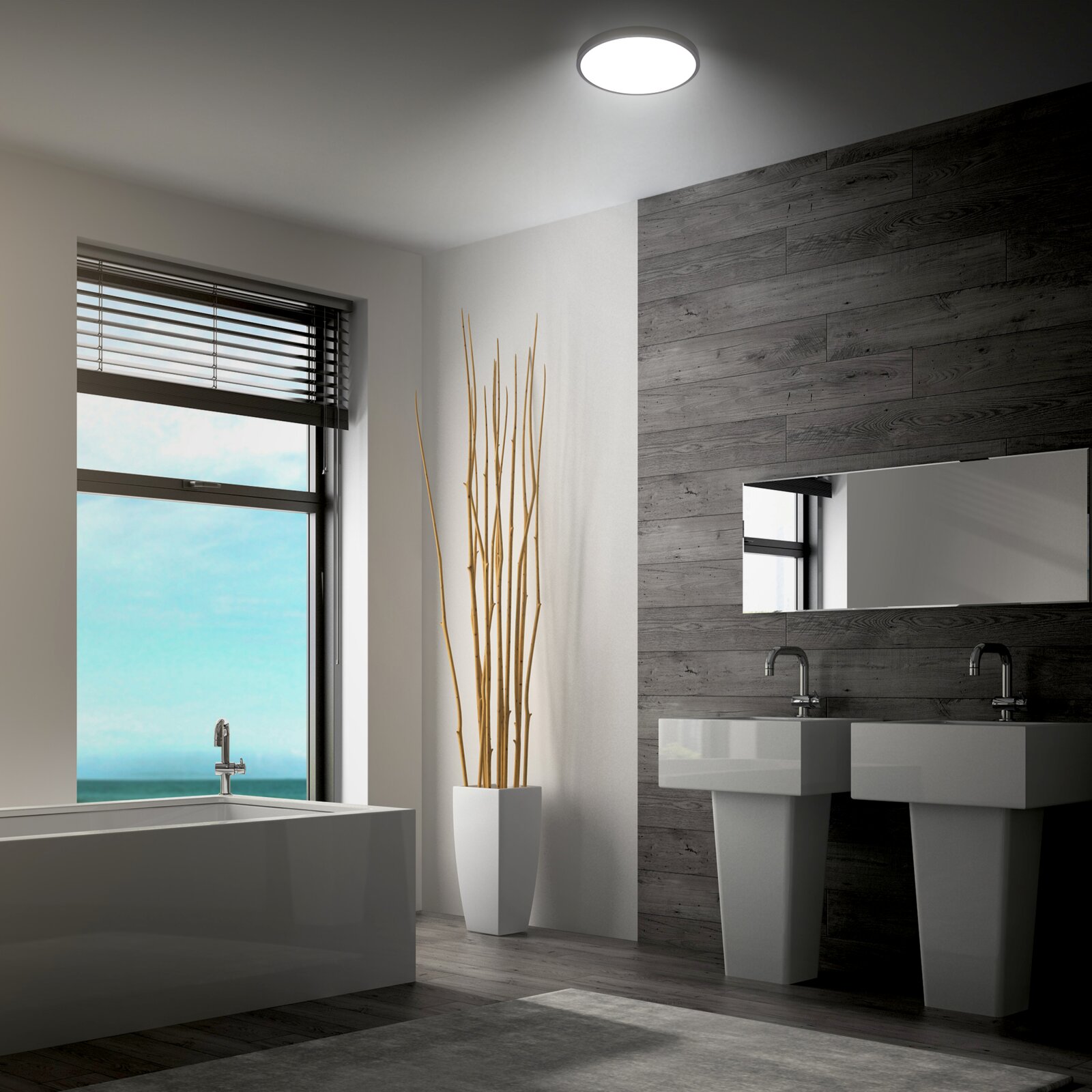 Briloner LED-plafondlamp SHINE Moderne ronde LED plafondlamp in wit, brandend in een stijlvolle badkamer met houten wand en dubbele wastafel, gefotografeerd vanuit een licht schuine hoek van onderaf