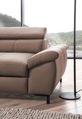 Nahaufnahme einer braunen Ledercouch mit Armlehne und verstellbarer Kopfstütze, seitliche Perspektive.