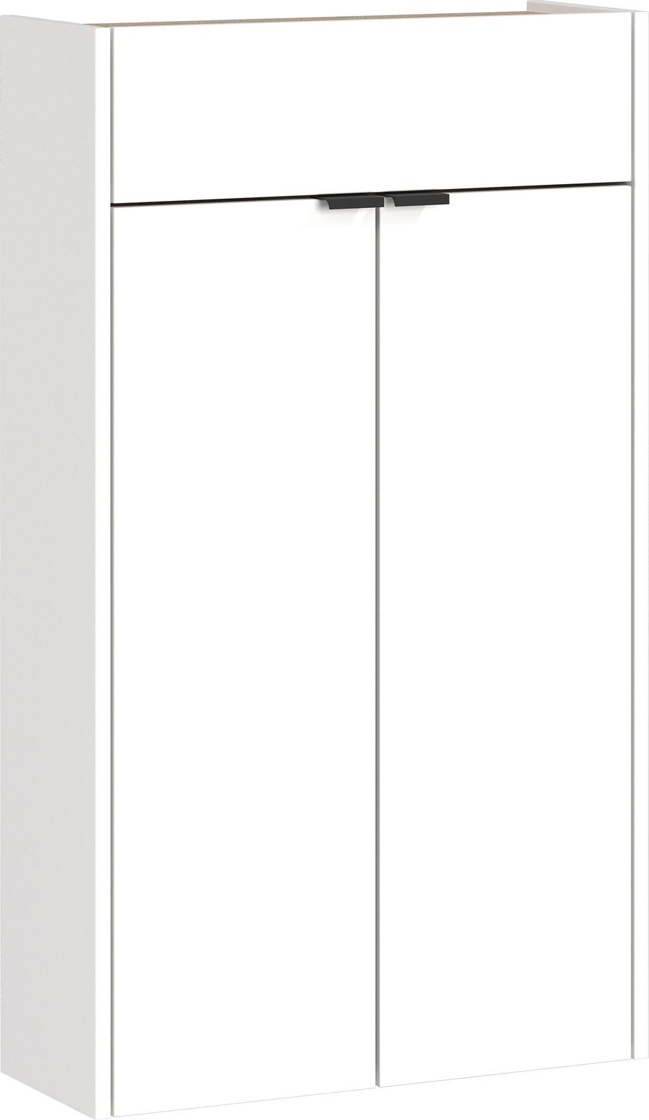 Moderner weißer Hängeschuhschrank mit zwei Türen und einer Schublade, Frontalansicht