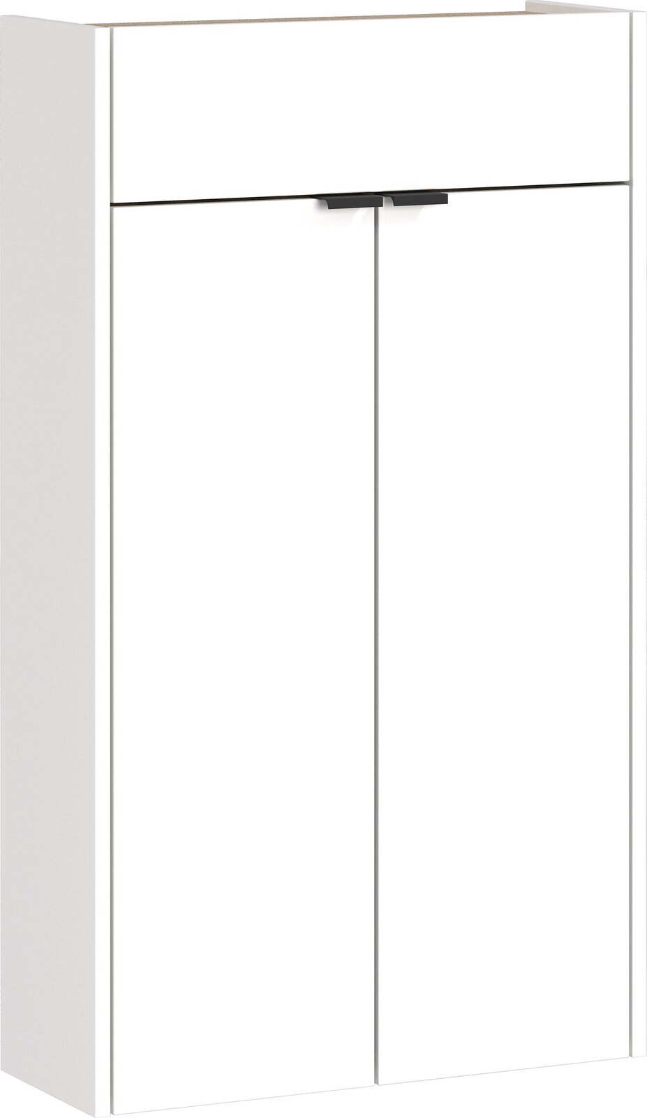 Moderner weißer Hängeschuhschrank mit zwei Türen und einer Schublade, Frontalansicht