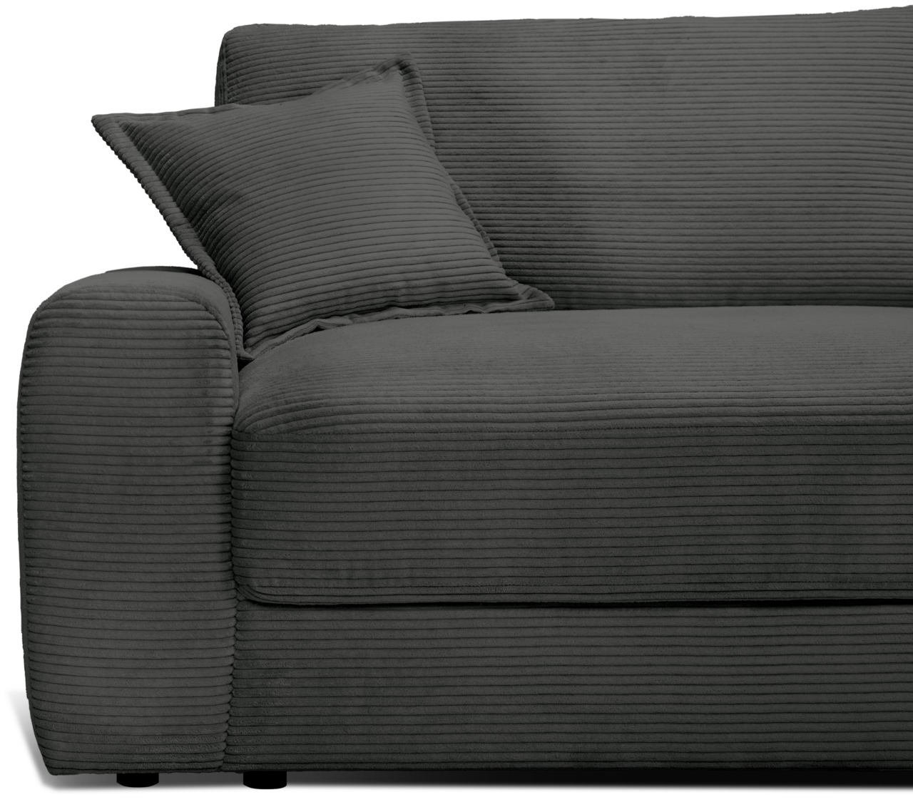 Großes, modernes Big-Sofa in dunklem Stoff mit geripptem Design, seitliche Perspektive