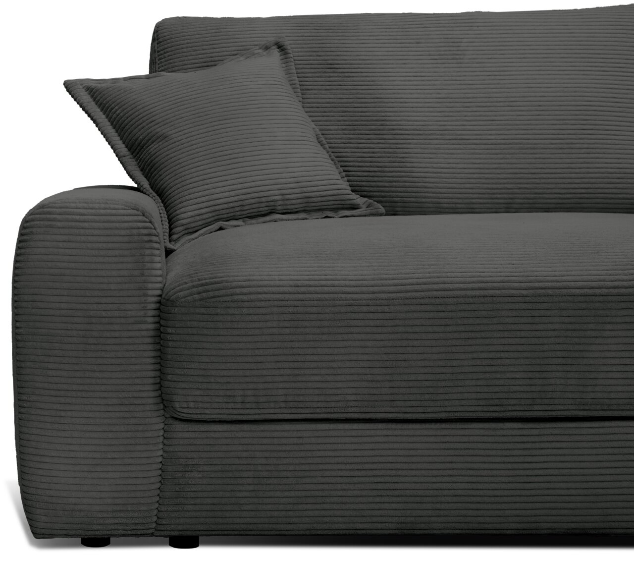 Großes, modernes Big-Sofa in dunklem Stoff mit geripptem Design, seitliche Perspektive