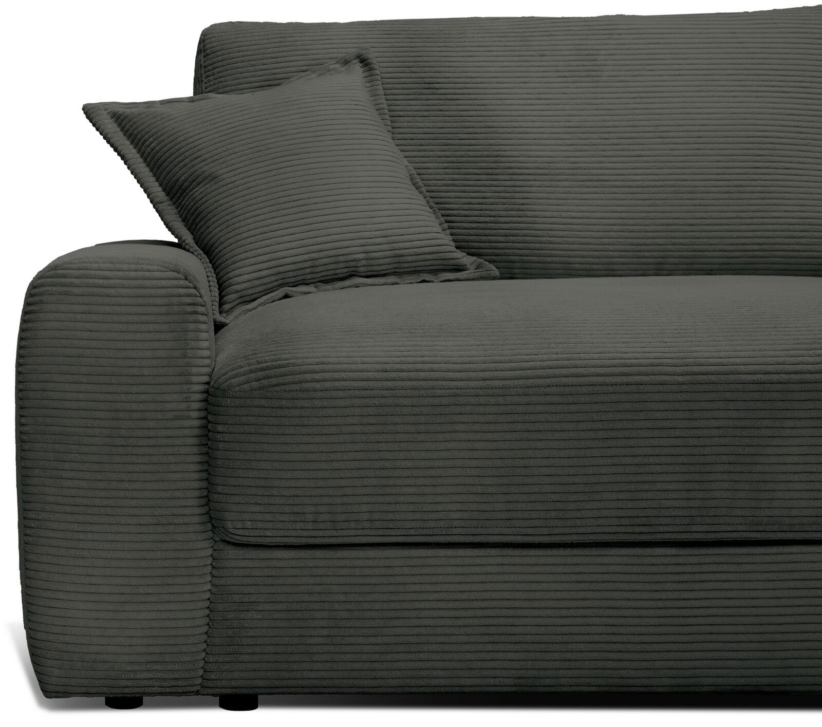 Großes, modernes Big-Sofa in dunklem Stoff mit geripptem Design, seitliche Perspektive