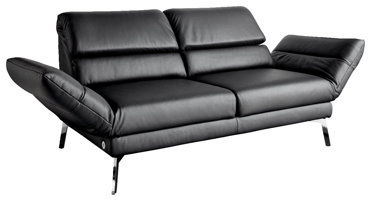 Schwarzes Ledersofa mit verstellbaren Armlehnen und Kopfstützen, seitliche Perspektive