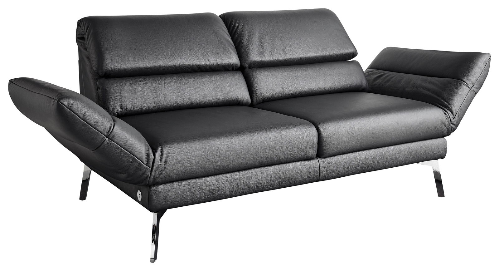 Schwarzes Ledersofa mit verstellbaren Armlehnen und Kopfstützen, seitliche Perspektive