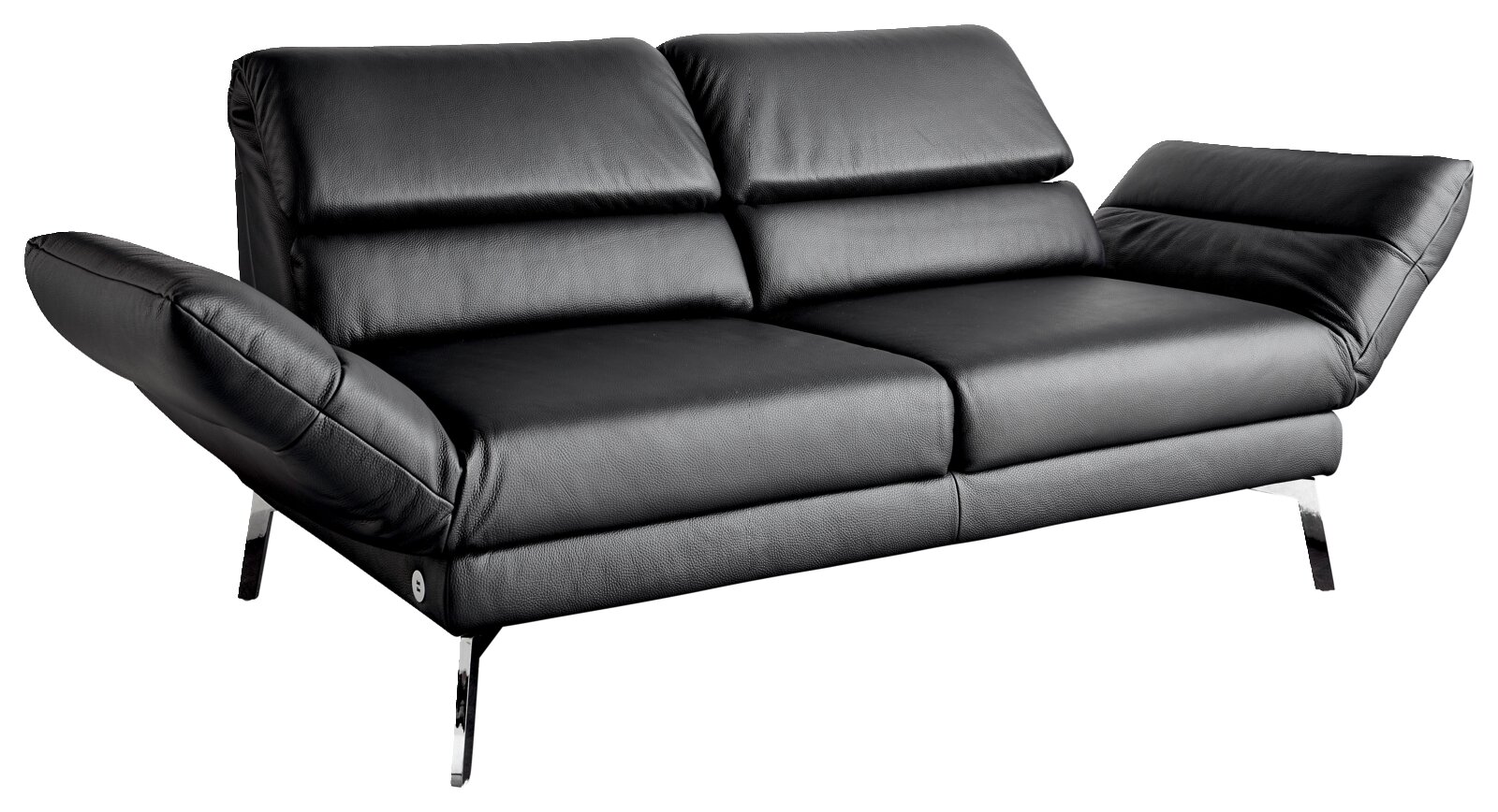 Schwarzes Ledersofa mit verstellbaren Armlehnen und Kopfstützen, seitliche Perspektive