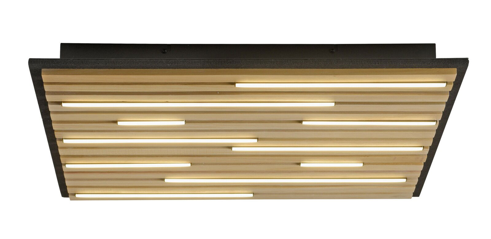 Moderne Wand- und Deckenleuchte mit Holzlamellen und integrierter Beleuchtung, seitliche Perspektive