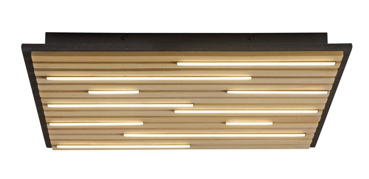 Moderne Wand- und Deckenleuchte mit Holzlamellen und integrierter Beleuchtung, seitliche Perspektive