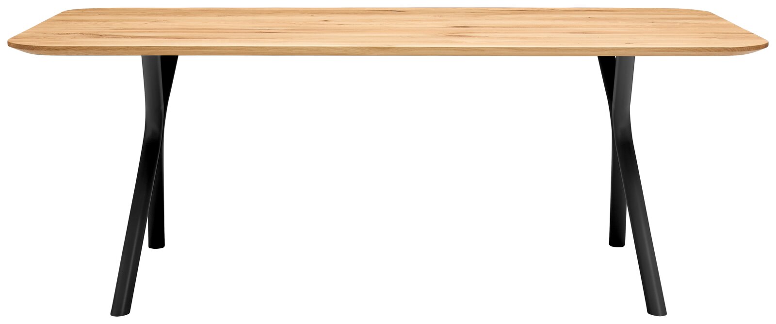 Moderner Esstisch mit Holzplatte und schwarzen Metallbeinen, Frontalansicht