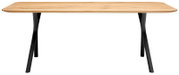 Moderner Esstisch mit Holzplatte und schwarzen Metallbeinen, Frontalansicht