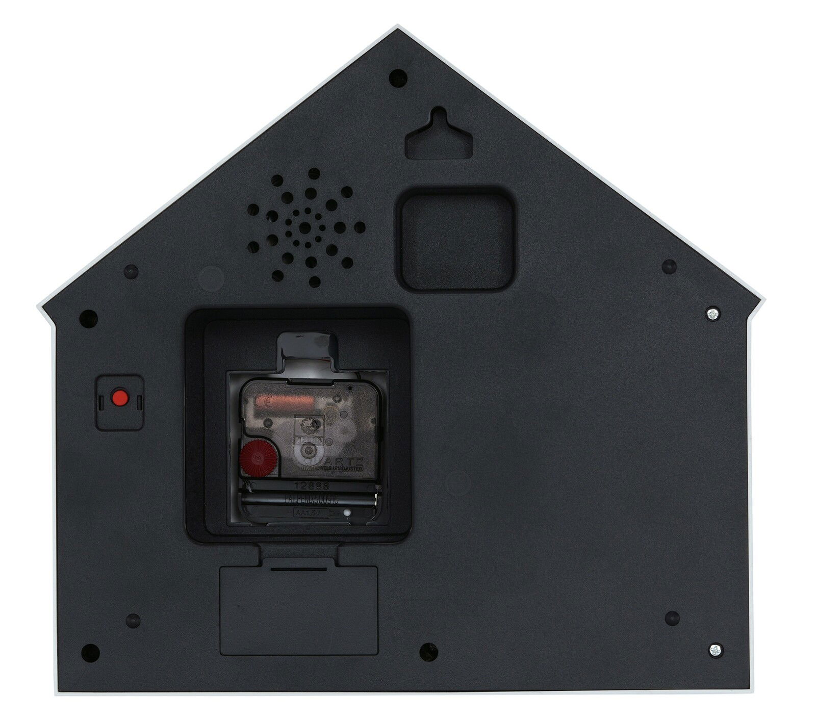 Rückansicht einer Wanduhr in Hausform mit Batteriefach und Aufhängemöglichkeit.