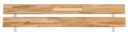 Holz-Metall-Kopfteil in Vorderansicht, bestehend aus zwei horizontalen Holzpaneelen mit natürlicher Maserung, unterstützt von vertikalen Metallstreben.