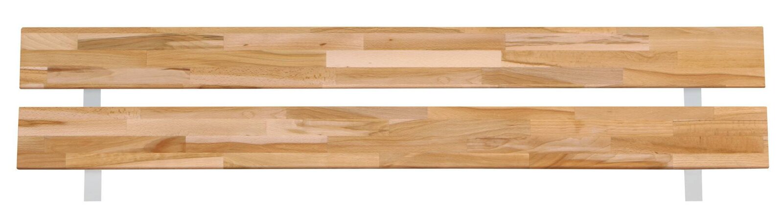 Holz-Metall-Kopfteil in Vorderansicht, bestehend aus zwei horizontalen Holzpaneelen mit natürlicher Maserung, unterstützt von vertikalen Metallstreben.