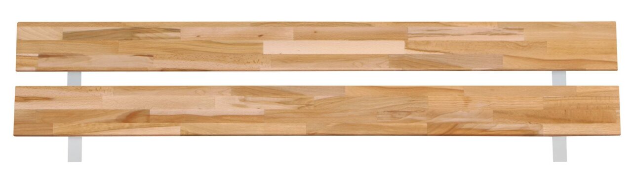 Holz-Metall-Kopfteil in Vorderansicht, bestehend aus zwei horizontalen Holzpaneelen mit natürlicher Maserung, unterstützt von vertikalen Metallstreben.