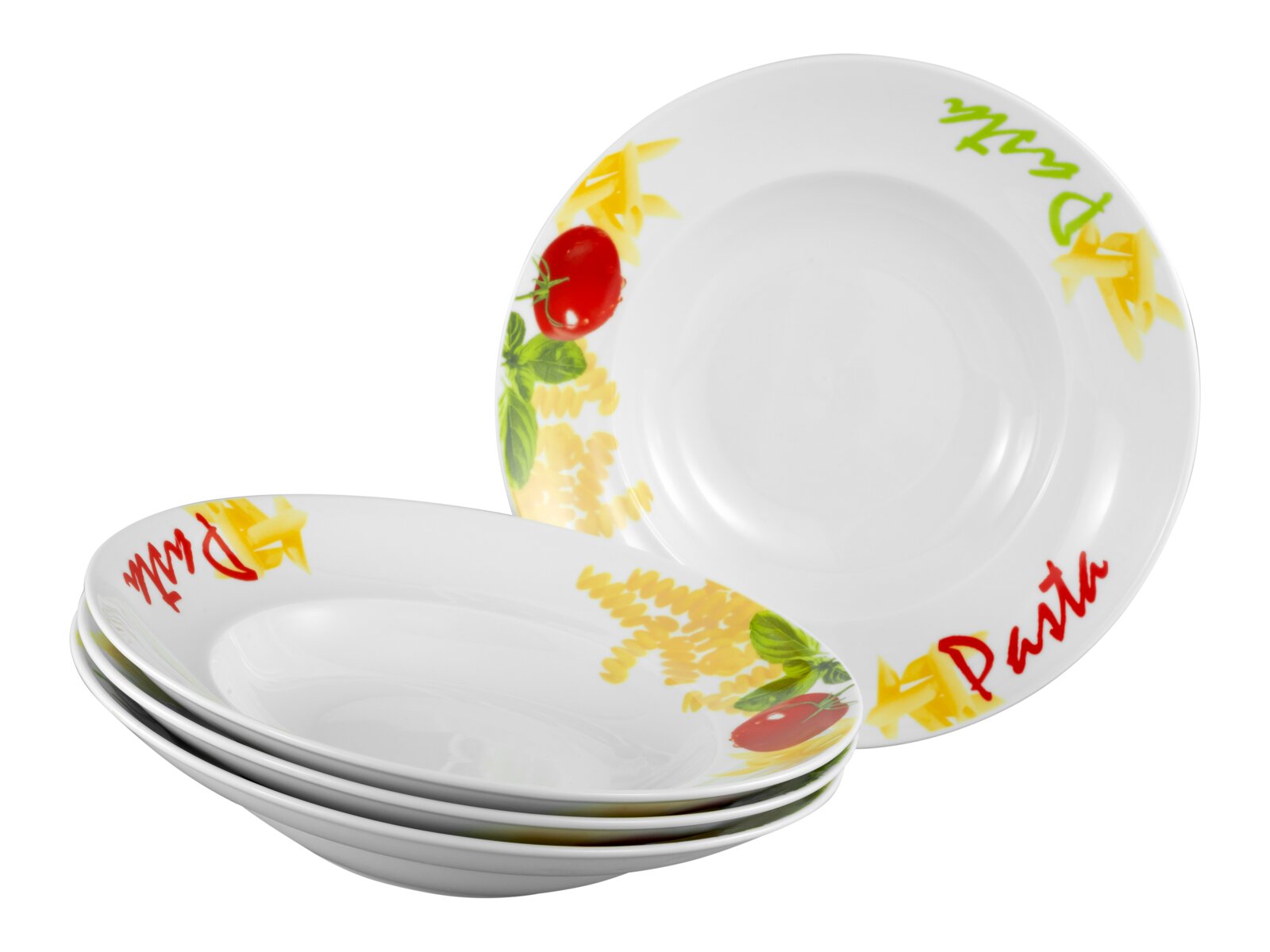 Weißer Pastateller/Suppenteller mit buntem Pasta-, Tomaten- und Basilikum-Dekor, im Set gestapelt und ein Teller von oben frontal sichtbar (Draufsicht/Frontansicht).
