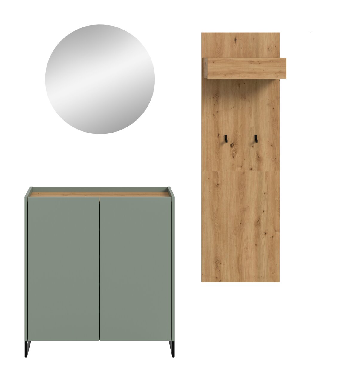Badmöbel-Set mit rundem Spiegel, grünem Unterschrank mit zwei Türen auf schwarzen Füßen und hoher Holz-Garderobenpaneel mit Ablage und Haken, Frontansicht