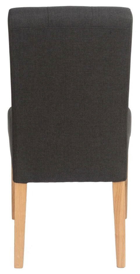 Rückansicht eines modernen Stuhls mit dunklem Stoffbezug und hellen Holzbeinen.