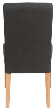 Rückansicht eines modernen Stuhls mit dunklem Stoffbezug und hellen Holzbeinen.