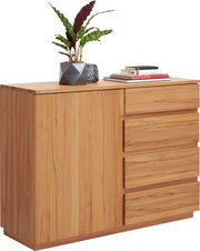 Holzkommode mit drei Schubladen und einer Tür, dekoriert mit einer Pflanze und Büchern, seitliche Perspektive