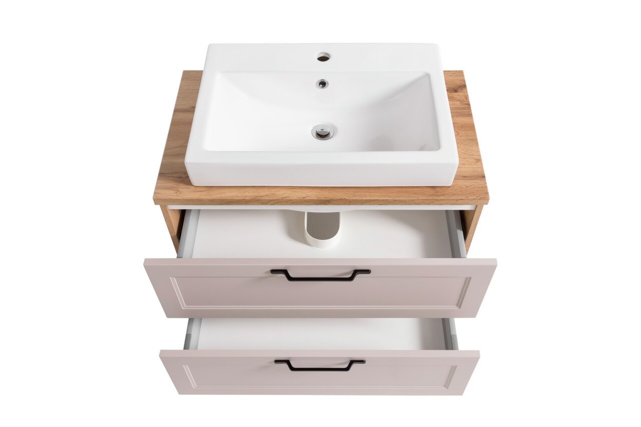 Waschtisch-Set mit weißem Waschbecken und Holzplatte, zwei offene Schubladen, Ansicht von oben