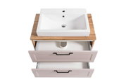 Waschtisch-Set mit weißem Waschbecken und Holzplatte, zwei offene Schubladen, Ansicht von oben