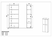 Aktenschrank mit den Maßen 80 cm Breite, 197 cm Höhe und 40 cm Tiefe, Frontansicht und Seitenansicht.