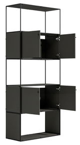 Schwarzes Aktenregal mit drei offenen Fächern, frontale Perspektive