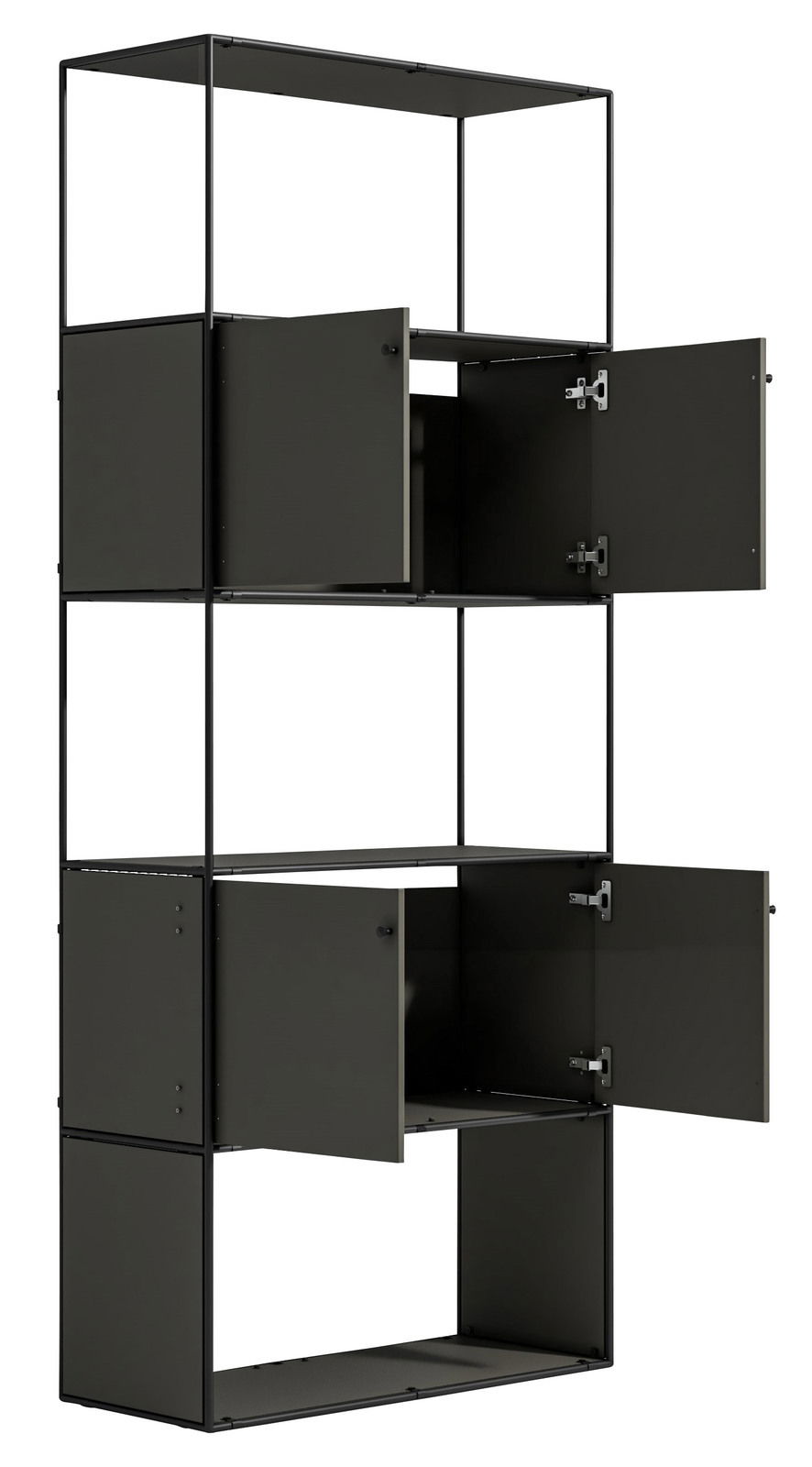 Schwarzes Aktenregal mit drei offenen Fächern, frontale Perspektive