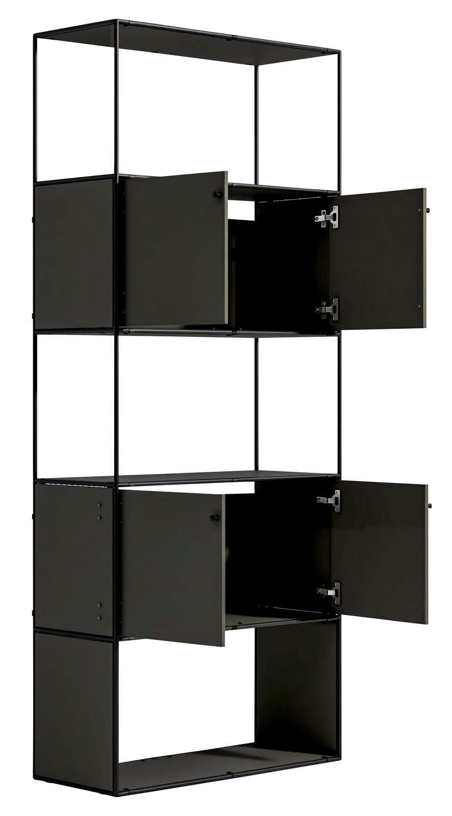 Schwarzes Aktenregal mit drei offenen Fächern, frontale Perspektive