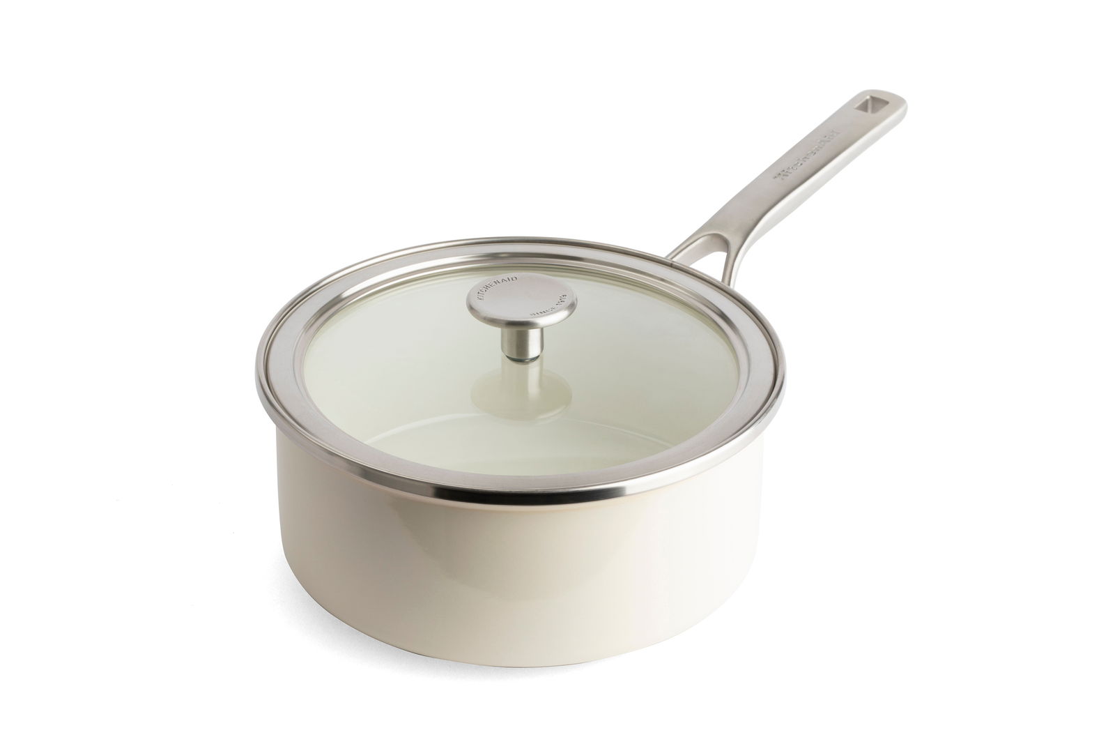 Topf aus der Vogelperspektive, cremeweiß mit Glasdeckel und Edelstahlgriff