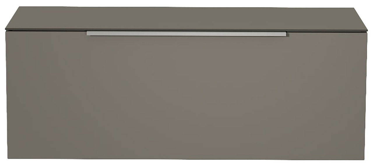 Frontansicht eines modernen, grauen Hänge-Lowboards mit schlichtem Design und silbernem Griff.