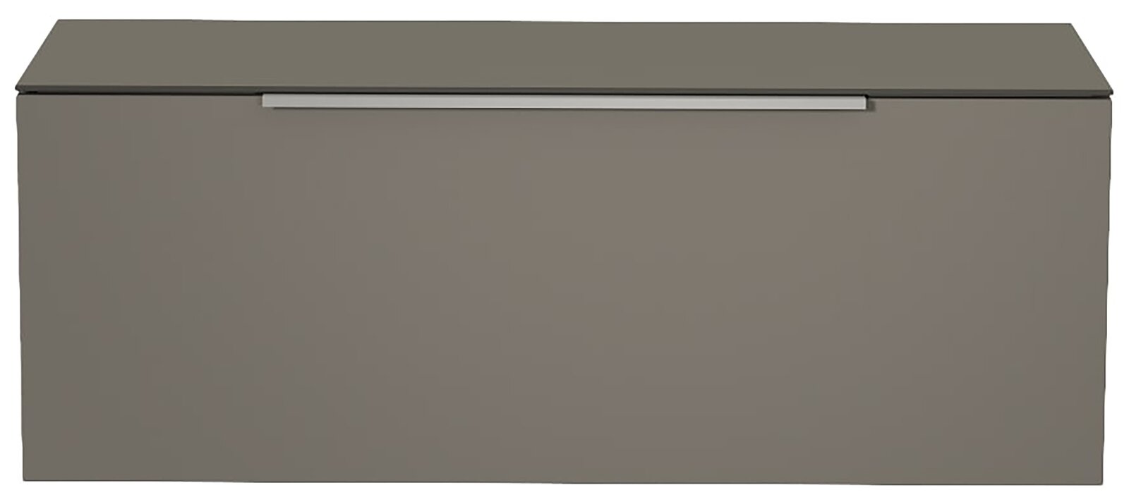 Frontansicht eines modernen, grauen Hänge-Lowboards mit schlichtem Design und silbernem Griff.