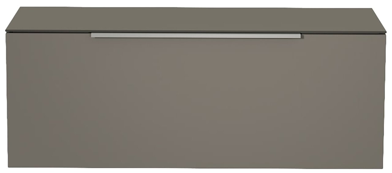 Frontansicht eines modernen, grauen Hänge-Lowboards mit schlichtem Design und silbernem Griff.