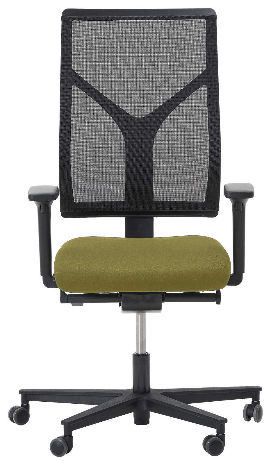 Moderner Drehstuhl mit grünem Sitzpolster und schwarzer Netzrückenlehne, Frontalansicht