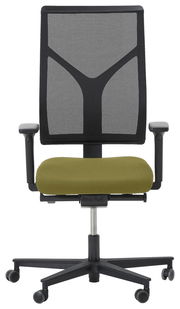 Moderner Drehstuhl mit grünem Sitzpolster und schwarzer Netzrückenlehne, Frontalansicht