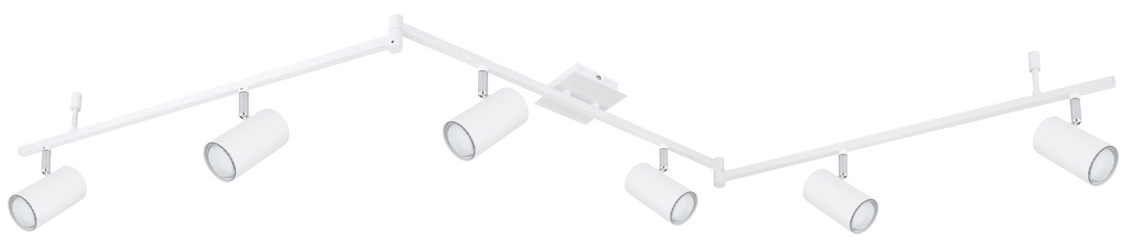 Moderner weißer Deckenstrahler mit sechs verstellbaren Leuchten, seitliche Perspektive