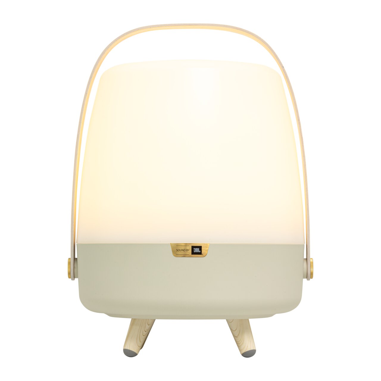 Vooraanzicht van een draagbare lamp met ingebouwde JBL-luidspreker, crèmekleurig met houten details en een handvat.