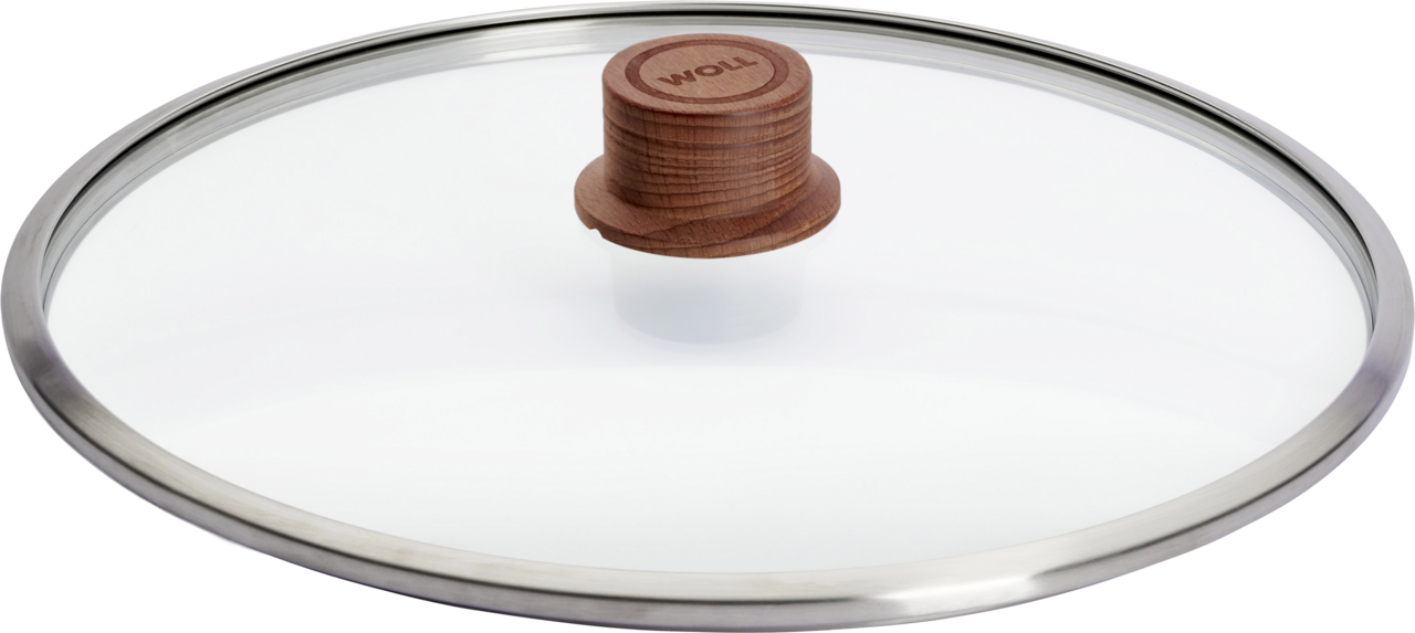 Woll Glasdeckel ECO LOGIC QXR Ø32cm Glasdeckel mit einem Durchmesser von 32 cm, aus der Seitenperspektive gezeigt, mit einem Holzgriff in der Mitte.