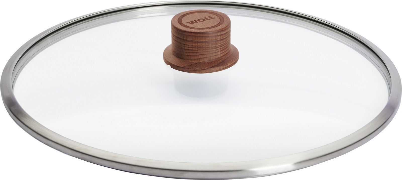Glasdeckel mit einem Durchmesser von 32 cm, aus der Seitenperspektive gezeigt, mit einem Holzgriff in der Mitte.