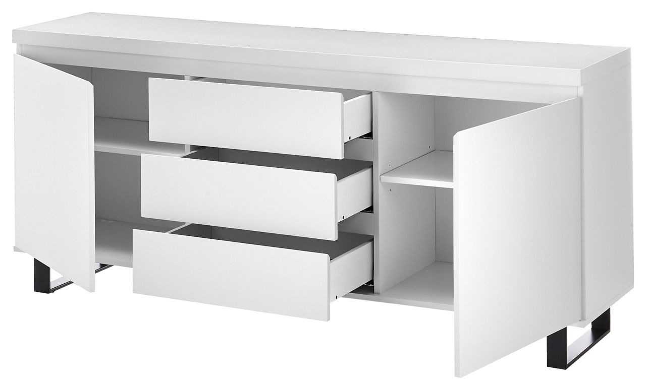 Weißes Sideboard mit drei offenen Schubladen und zwei offenen Türen, seitliche Perspektive