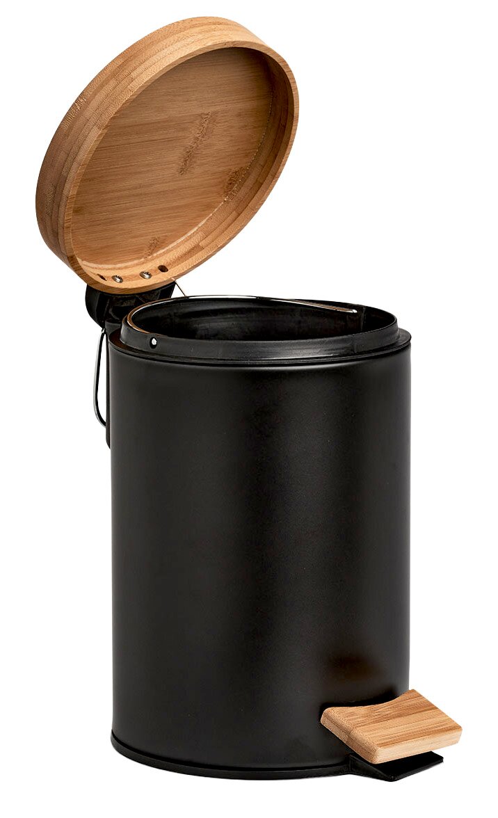 Schwarzer Kosmetikeimer mit Holzdeckel und Pedal, seitliche Perspektive